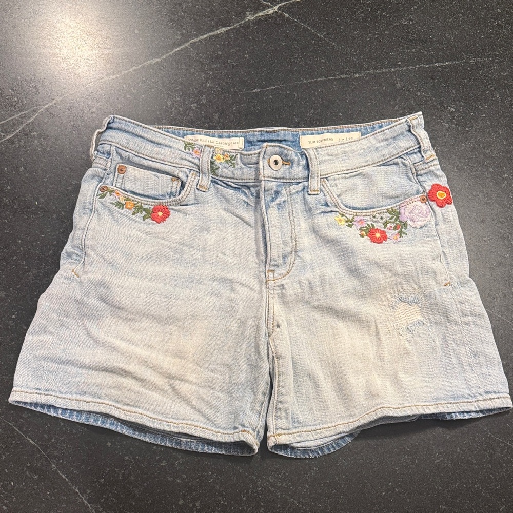 Pilcro and the Letterpress Light Blue Embroidered Mid Rise Jean Shorts